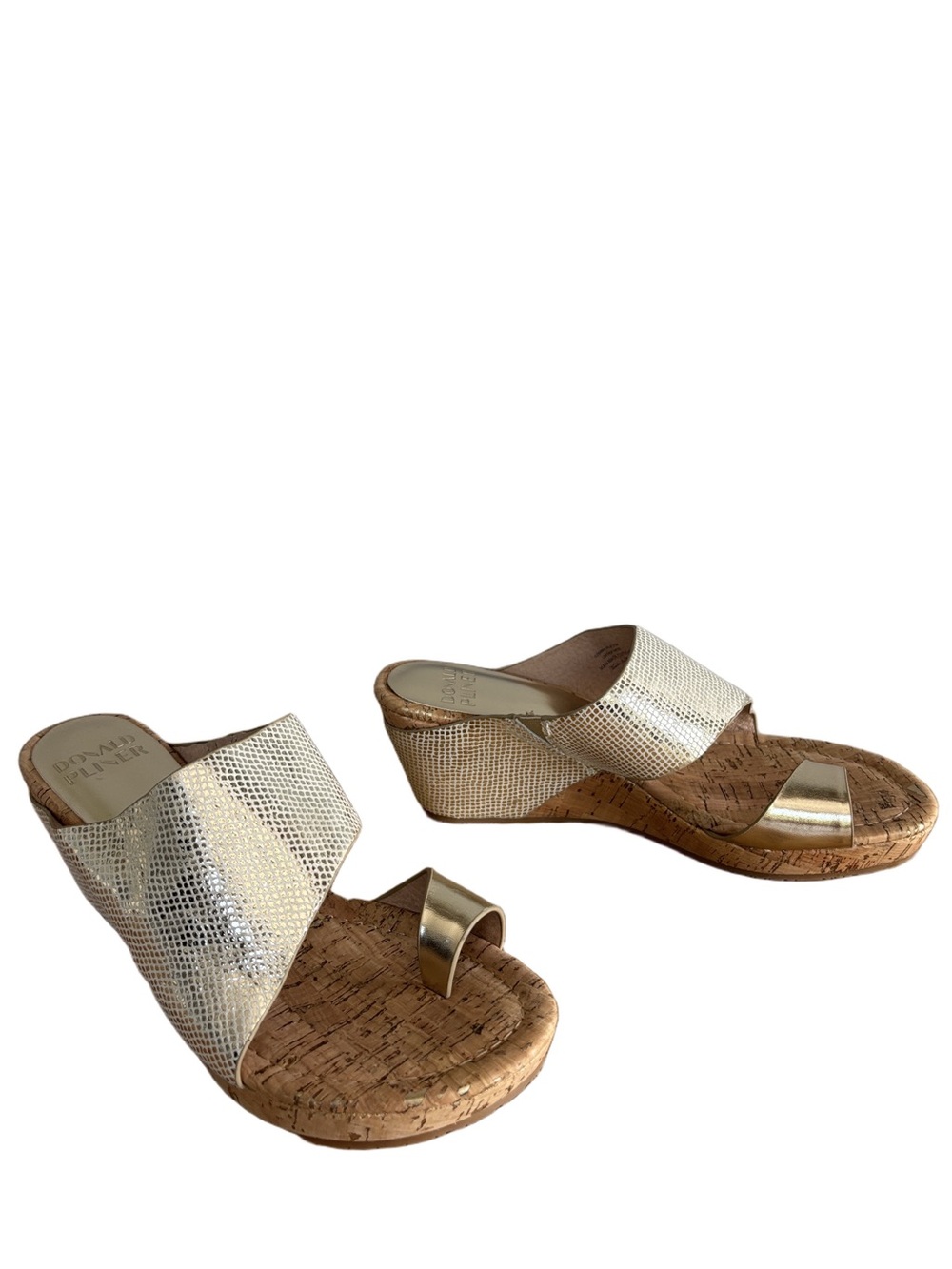 Donald Pliner Gemmy Gold Metallic Lizard Suede Cork Wedge Sandals size 8.5